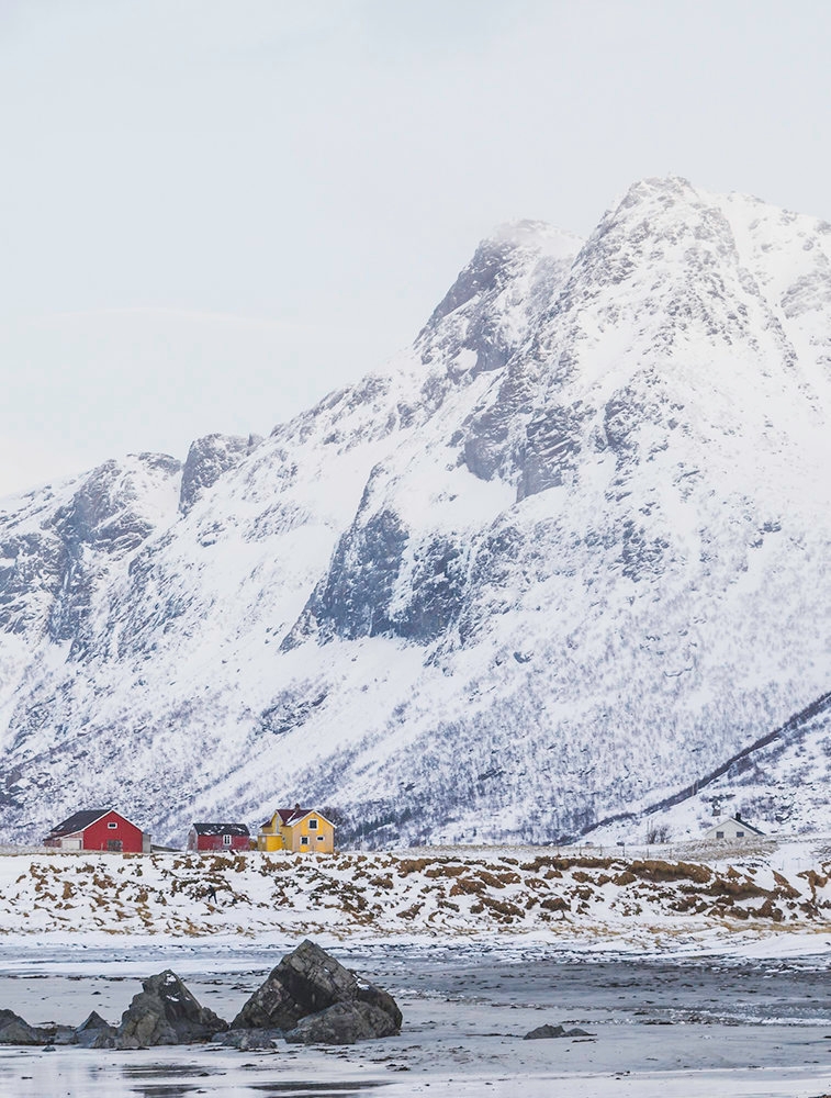 Snowy mountain over colourful Norwegian buildings in Lofoten