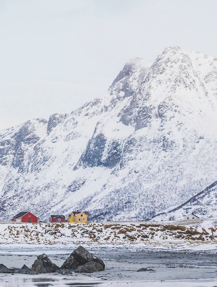 Snowy mountain over colourful Norwegian buildings in Lofoten