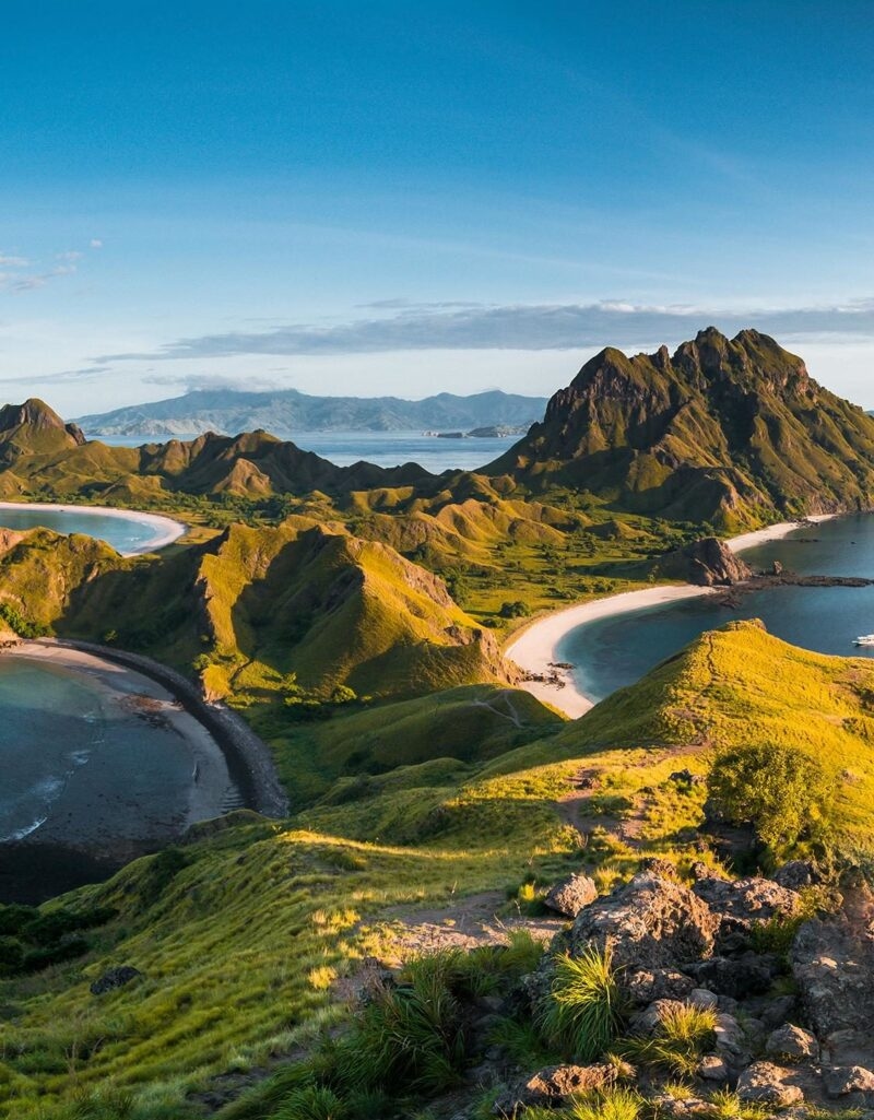 Top view of 'Padar Island', a dramatic spit of mountainous land and arched sandy coves, in a morning from Komodo Island
