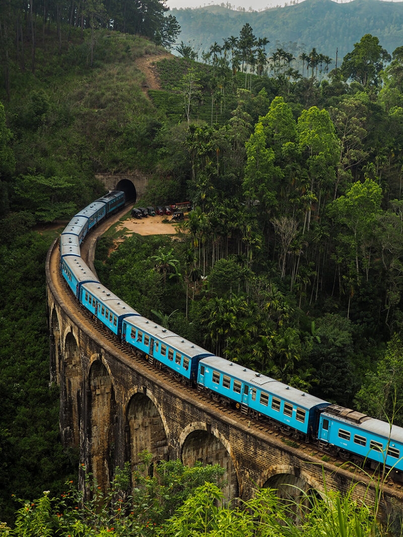 A blue train crossing a high stone arch bridge through lush jungle on luxury Indian Subcontinent vacations.