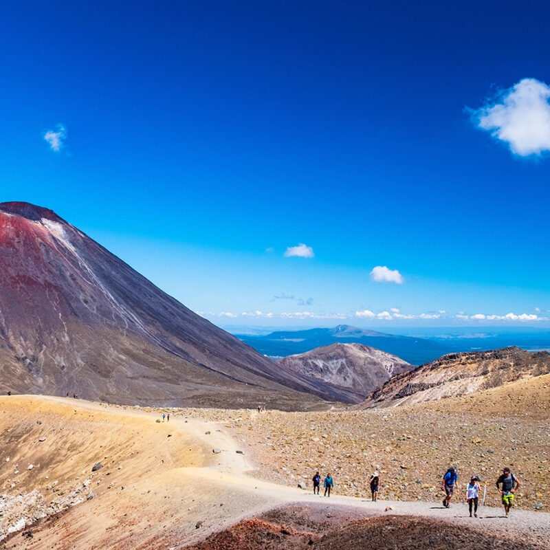 Panorama Landscape view of a beautiful Tongariro Crossing in New Zealand's North Island , with a large conical volcano