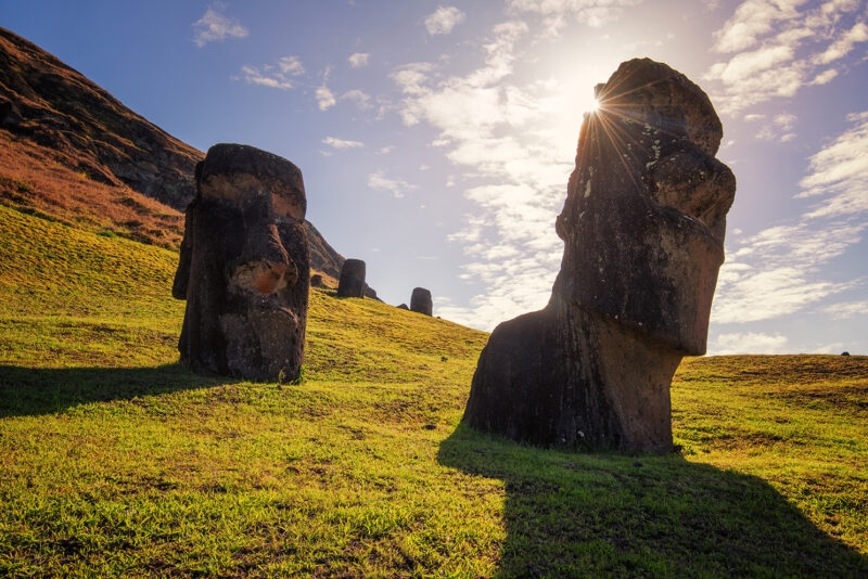 Large stone carvings on Easter Island on luxury latin America holiday