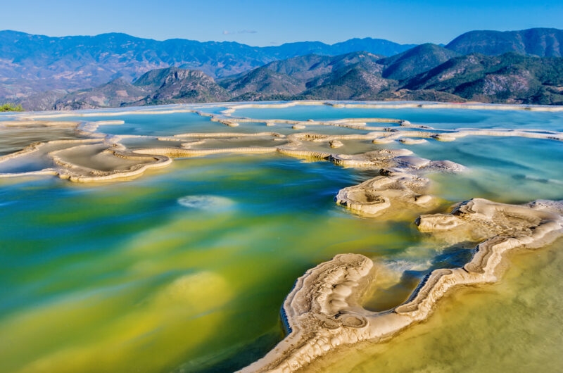 landscape picture of lakes in Hierve el Agua, thermal spring in the Central Valleys of Oaxaca, Mexico on luxury latin America vacation