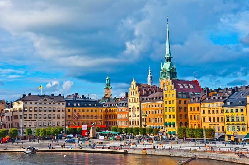 The colourful gabled buildings on the waterfront in Stockholm