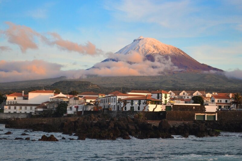 The highest mountain of Portugal, the Azores volcano Montanha do Pico on the island of Pico at sunset