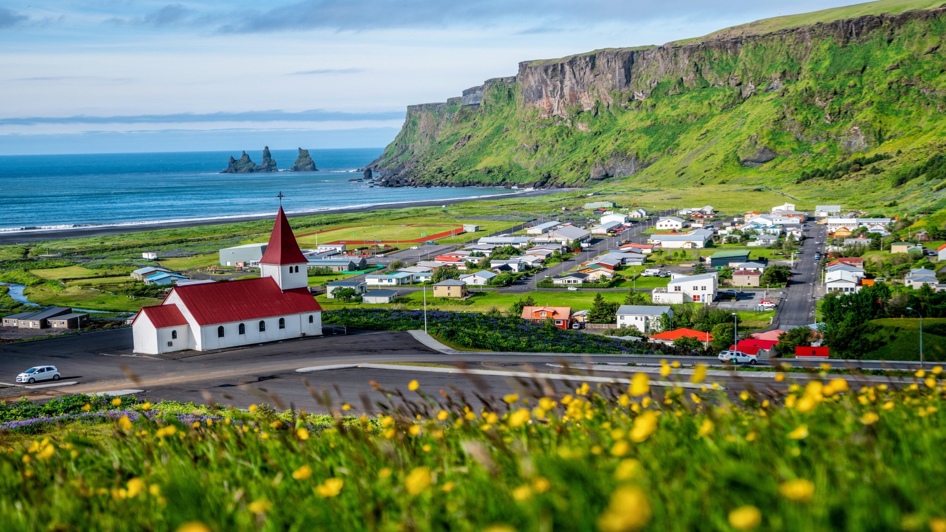 Beautiful town of Vik i Myrdal in Iceland in summer. The village of Vik is the southernmost village in Iceland on the ring road around 180 km southeast of Reykjavík.