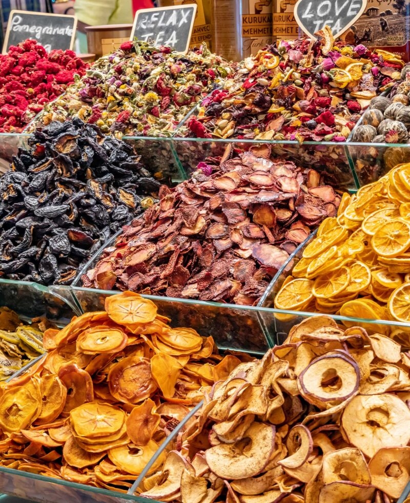 Assorted dried fruits and teas including Pomegranate and Relax Tea on luxury Turkey Asia trips.