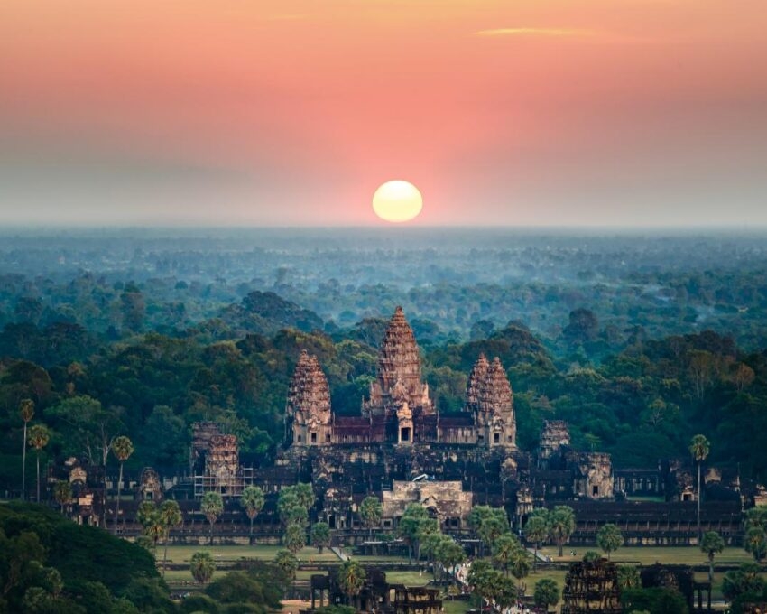 Beautiful aerial view of Angkor Wat at sunrise Siem reap Cambodia