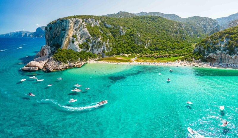 Aerial drone view of the vibrant Cala Luna Beach on Sardinia island, Italy