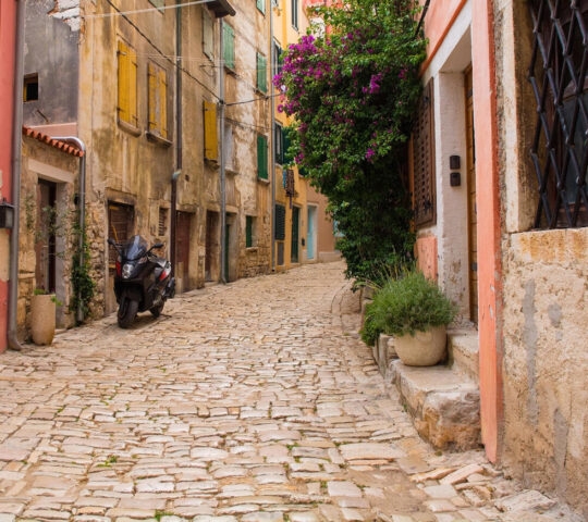 A quiet back street in the historic centre of the medieval coastal town of Rovinj in Istria, Croatia