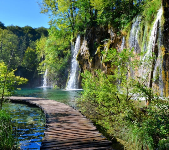 Boardwalk through the waterfalls of Plitvice Lakes National Park, Croatia