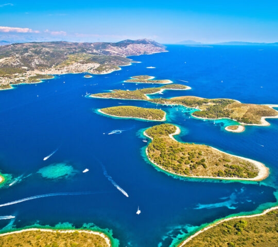 Pakleni otoci yachting destination arcipelago aerial view, Hvar island, Dalmatia region of Croatia