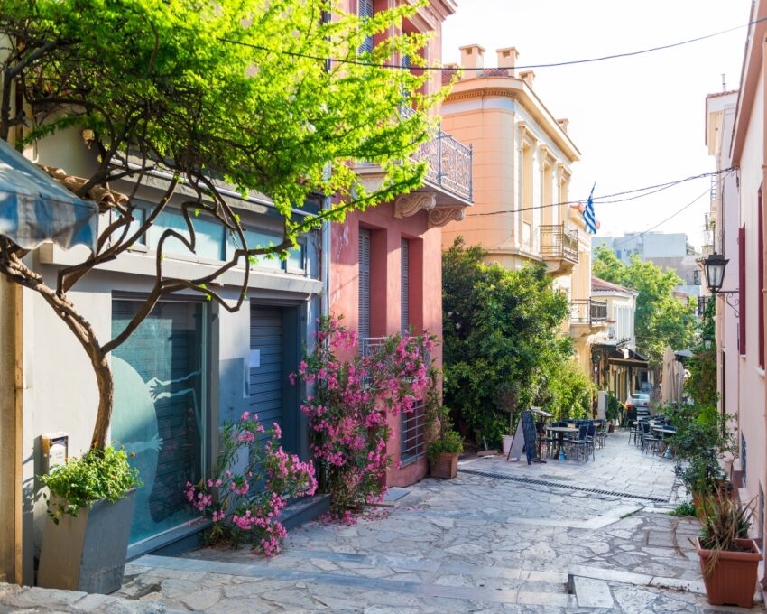 Old narrow street in Anafiotika, Plaka district, Athens, Greece.