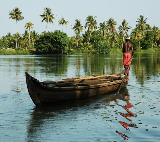 A man stands on the bow of a canoe with a long paddle steering it through palm-lined water in Kerala, India