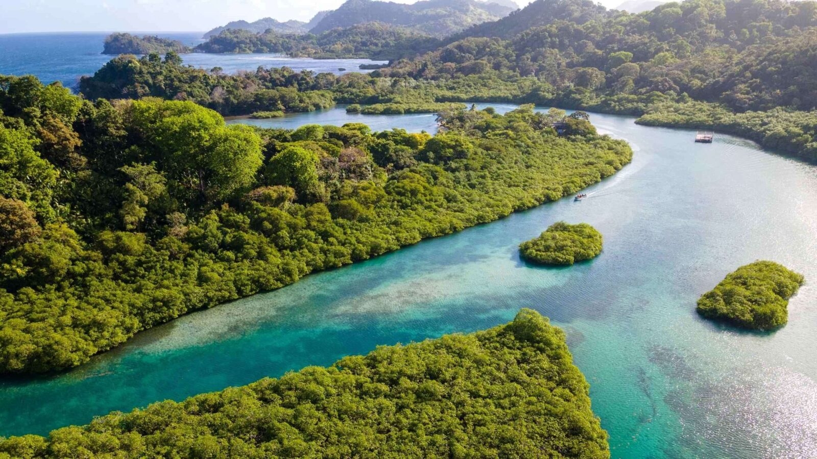 Aerial view of a turquoise tropical river winding through dense green mangrove forests and coastal islands.