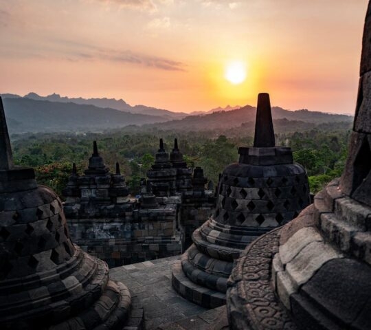 Sunset at Borobudur temple in Indonesia