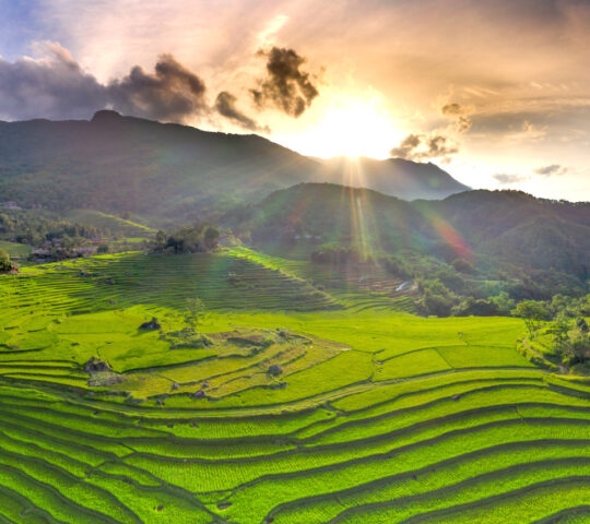 Panoramic view of beautiful green terraces of Mai Chau, Vietnam