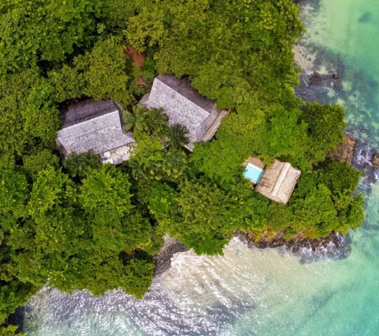 Aerial view of Islas Secas private island resort, Panama