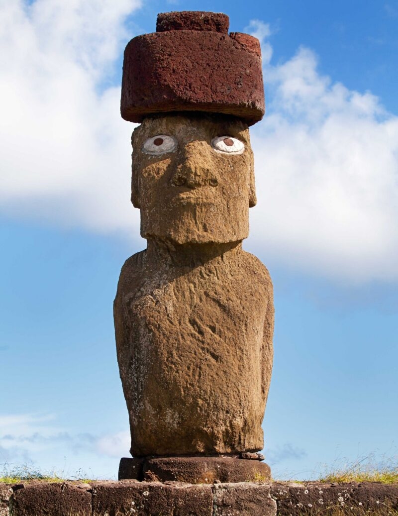 Single Moai statue in front of blue sky easter island