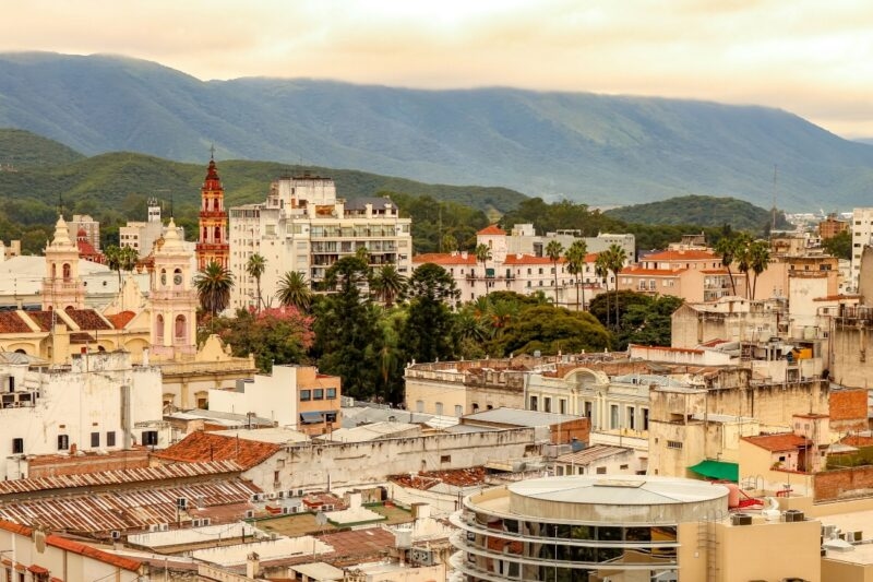 Landscape view of the city of Salta, Argentina on a cloudy day.