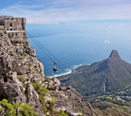 The cable car making its way to the summit of Table Mountain, South Africa