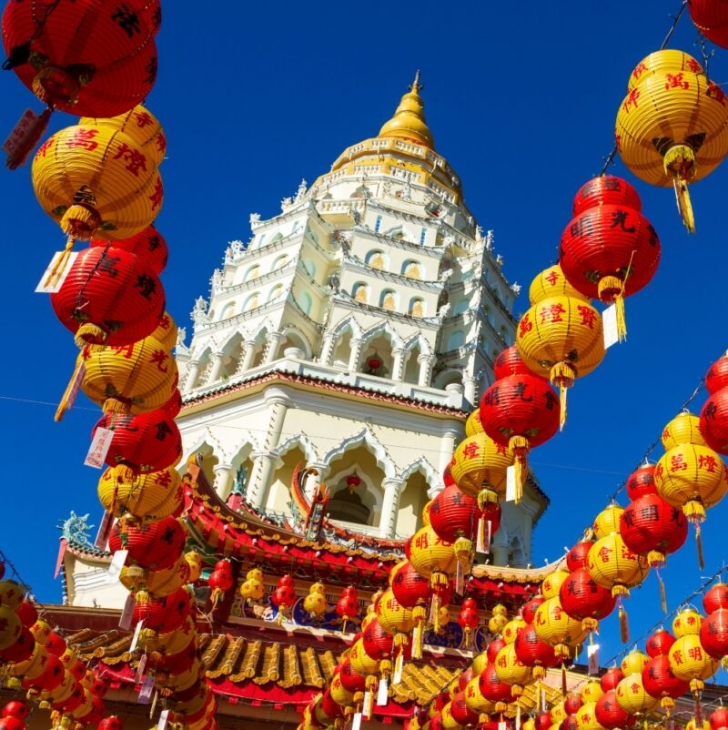 Kek Lok Si Chinese Temple decorated with Chinese paper lanterns for the Chinese New Year. Kek Lok Si Temple is located near Georgetown, Penang, Malaysia.