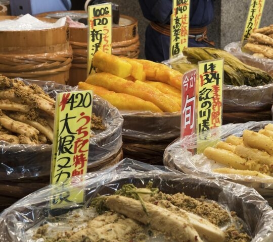 Pickled cucumber selling in Nishiki market in Kyoto, Japan