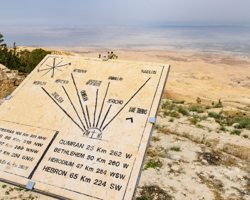 Directional sign with distances to landmarks overlooking a desert landscape.