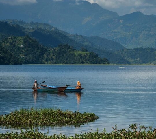 Boats on Phewa lake with people rowing at sunset hours, Pokhara lake side, Nepal.