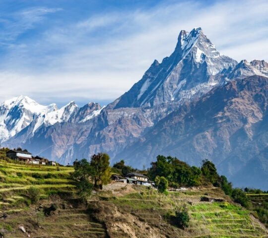 Terraced hillside and village with a snow-capped mountain in the background under a blue sky.