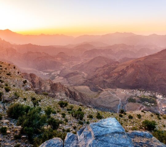Scenic view of Al Hajar mountains in the Sultanate of Oman at sunset