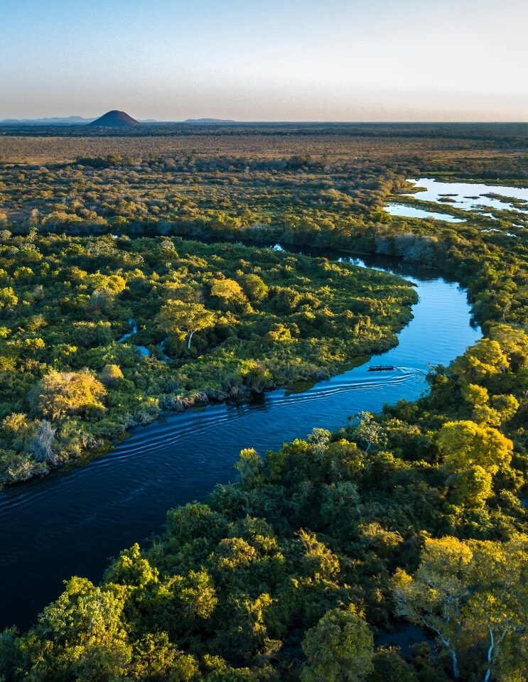 Aerial view of a winding blue river cutting through dense green forest during luxury private Pantanal tours.