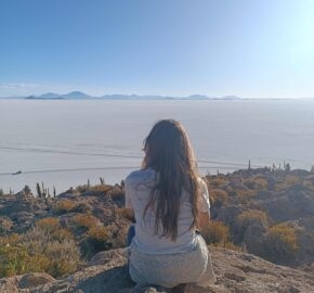 Person sitting on rock overlooking vast salt flat with clear sky.
