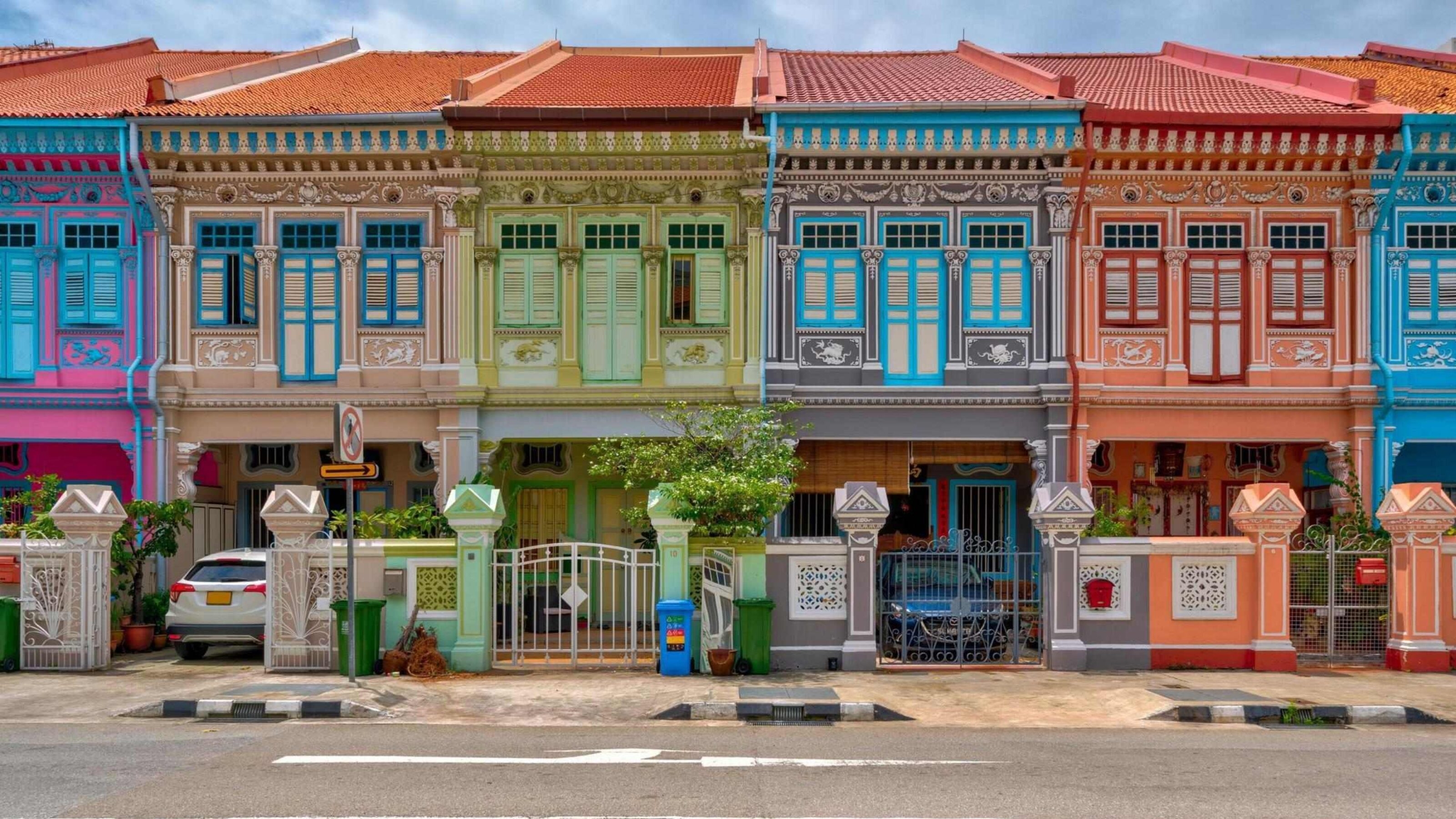 A street of colourful houses in Singapore