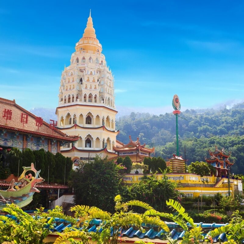 Kek Lok Si temple with multilayered pagoda and blue sky in Penang, Malaysia.