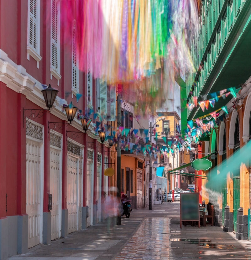 Monumental Callao is one of the new fashion areas near Lima timelapse. Walking street with colorful houses and restaurants. Lima Peru.