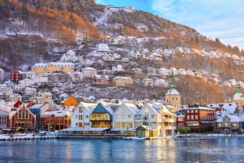 Historic district of Bryggen in Bergen in winter, Norway