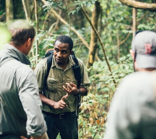 Group of people in a forest, one person gesturing, with backpacks and casual attire.