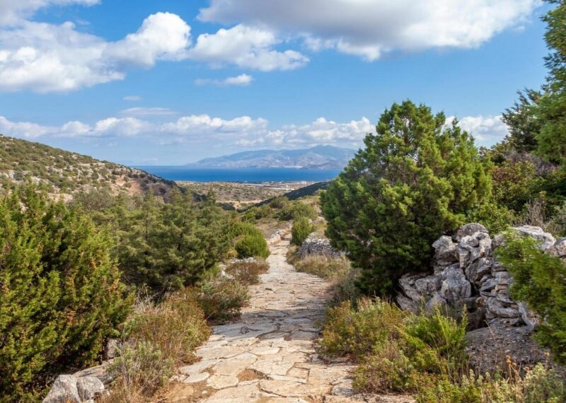 Stone pathway through a hilly landscape with green shrubs and a view of a distant sea under blue sky.