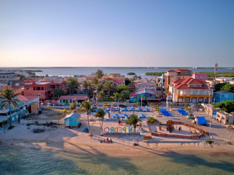 Aerial view of a colorful coastal village with a sandy beach and palm trees.