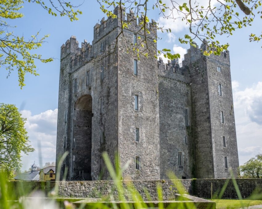 Ancient stone castle with tall towers set against a clear sky, framed by green leaves.