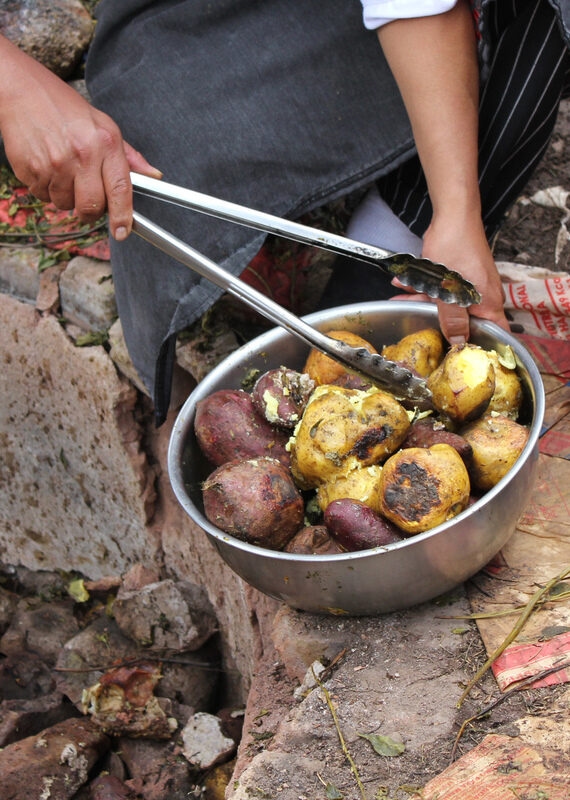 A bowl of roasted potatoes being served during positive impact tours.