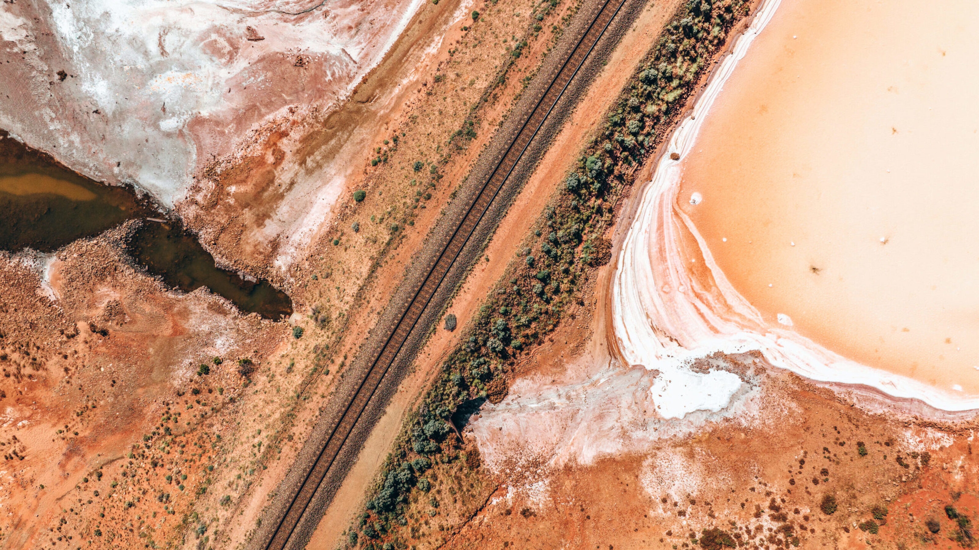 Aerial view of train tracks between colorful mineral-rich pools and textured earth.