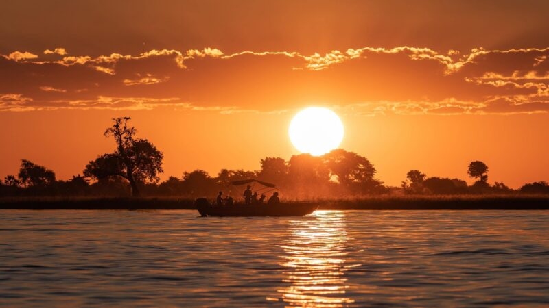 Sunset silhouette of a boat with people on a calm lake, with a large sun and orange sky in the background.