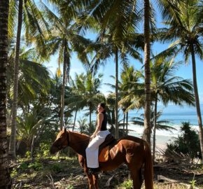Person on a horse amidst palm trees with a beach in the background.