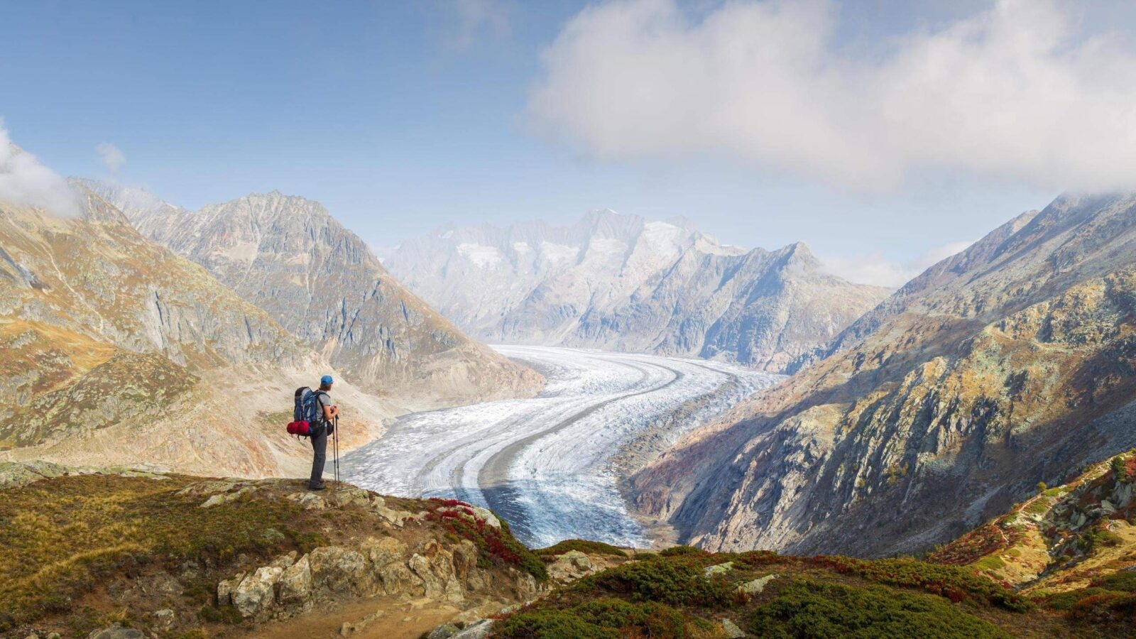 hiker contemplating the Aletsch glacier