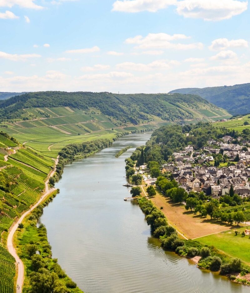 View to river Moselle and Marienburg Castle near village Puenderich - Mosel wine region in Germany