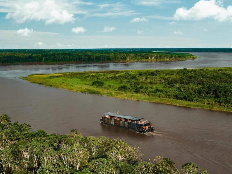 An aerial view of the Aqua Nera Amazon cruise in the Peruvian Amazon.
