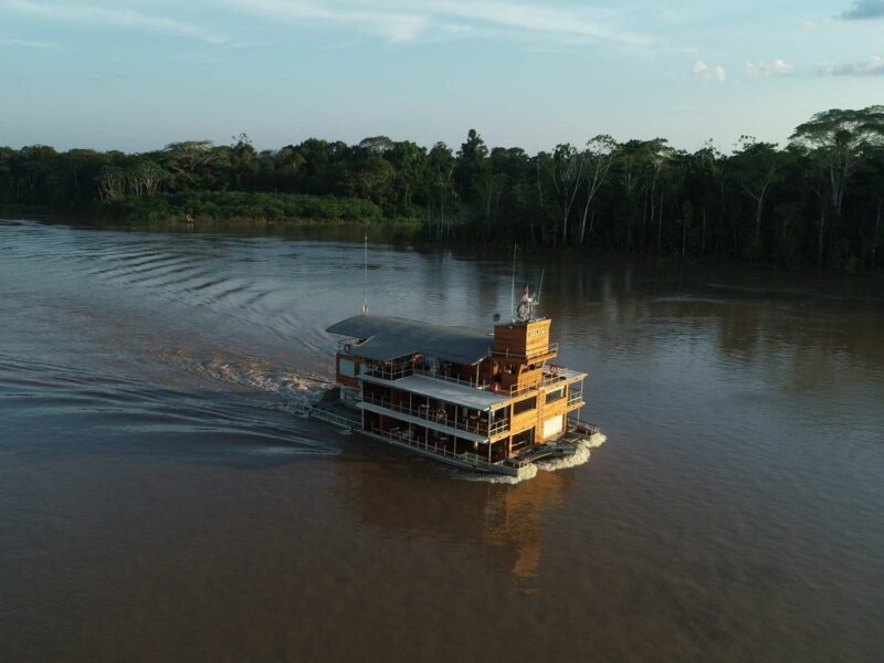An aerial view of cruising vessel Delfin I in the Peruvian Amazon.