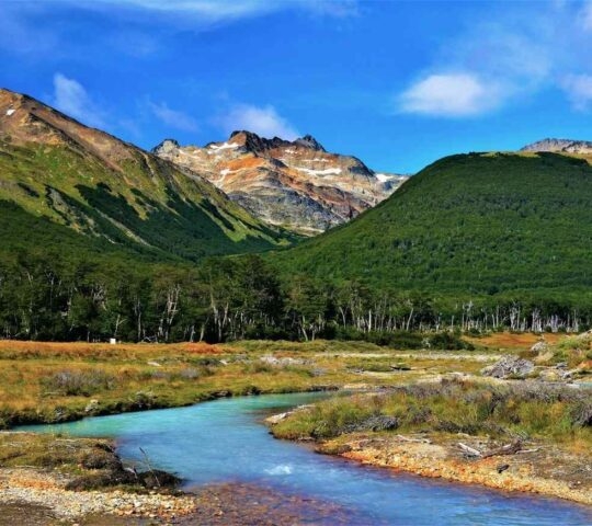 Mountain landscape of Tierra del Fuego as seen from the hiking trail leading to Esmeralda lagoon (Argentina).